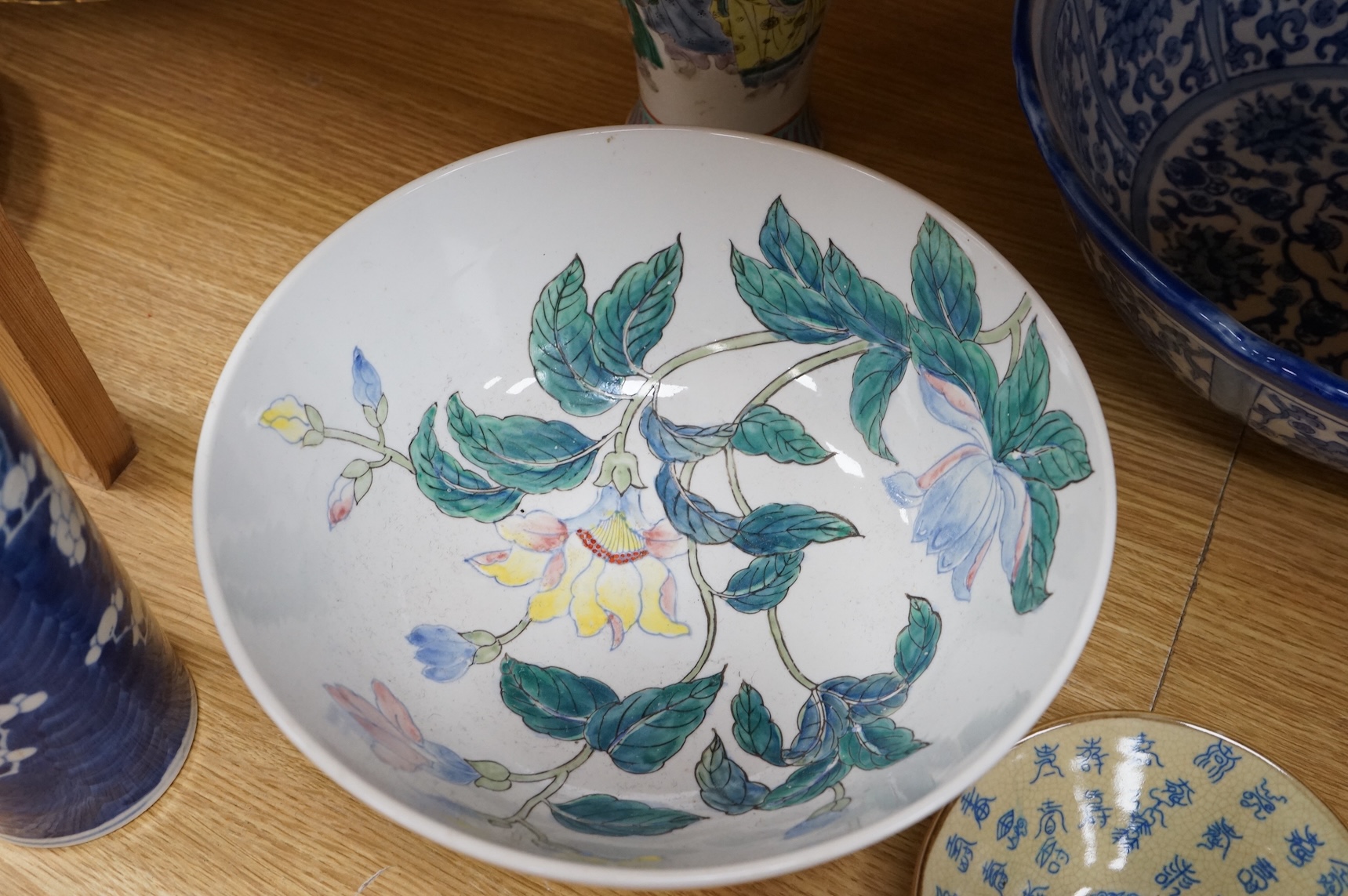 A collection of Chinese mixed ceramics, largest blue and white bowl 33cm diameter